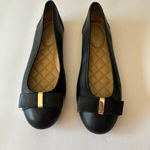 Michael Kors Black Leather Bow Ballet Flats with Gold Accent
